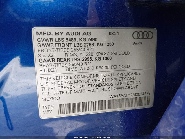 WA15AAFY2M2074773 Audi Q5 Sportback Premium Plus 45 Tfsi Quattro S Tronic