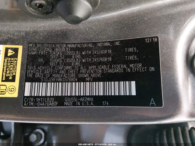 45614978 :رقم المزاد ، 5TDJZRFH8KS576804 vin ، 2019 Toyota Highlander Xle مزاد بيع