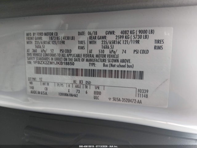 1FBZX2ZM1JKB18850 Ford Transit-350 Xl