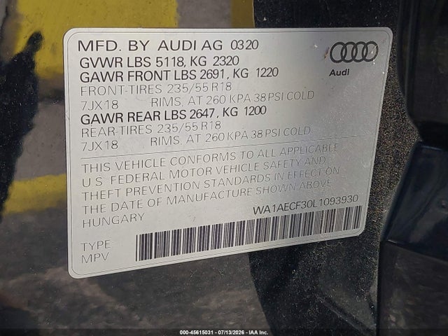 Aukcja sprzedaży 2020 Audi Q3 Premium 45 Tfsi Quattro Tiptronic, vin: WA1AECF30L1093930, numer aukcji: 45615031