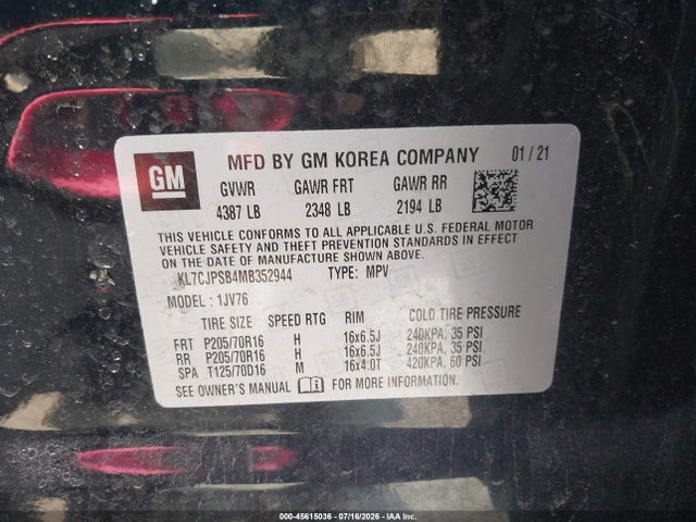 Продаж на аукціоні авто 2021 Chevrolet Trax Awd Lt, vin: KL7CJPSB4MB352944, номер лоту: 45615036