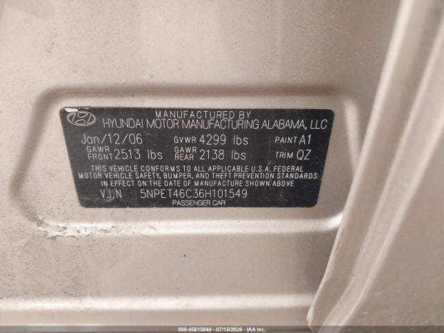 2006 Hyundai Sonata Gl მანქანა იყიდება აუქციონზე, vin: 5NPET46C36H101549, აუქციონის ნომერი: 45615040