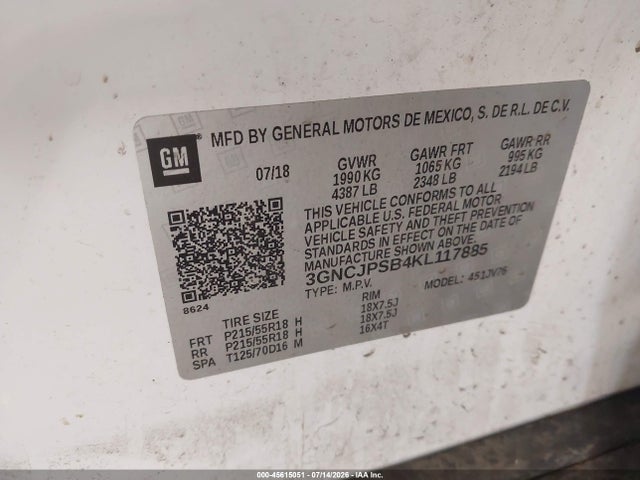 45615051 :رقم المزاد ، 3GNCJPSB4KL117885 vin ، 2019 Chevrolet Trax Lt مزاد بيع