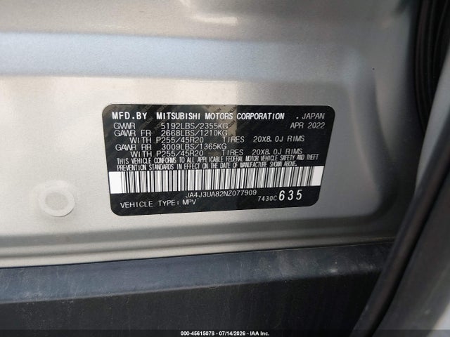 JA4J3UA82NZ077909 Mitsubishi Outlander Black Edition 2wd/se 2.5 2wd/se Launch Edition 2wd