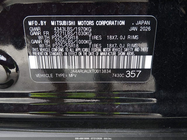 Продажа на аукционе авто 2026 Mitsubishi Outlander Sport 2.0 Es/2.0 Le/2.0 Ralliart/2.0 S/2.0 Se/2.0 Trail Edition, vin: JA4ARUAUXTU013834, номер лота: 45615099