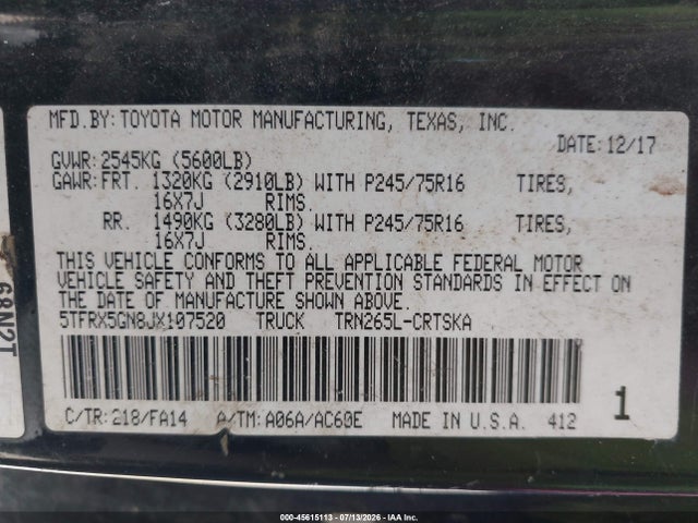 Aukcja sprzedaży 2018 Toyota Tacoma Sr, vin: 5TFRX5GN8JX107520, numer aukcji: 45615113