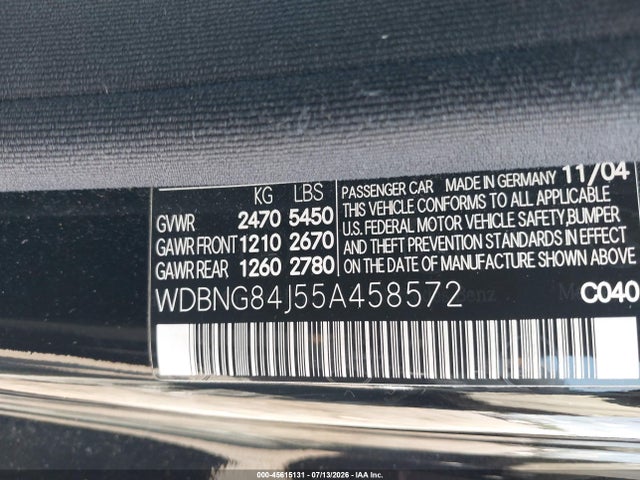 Aukcja sprzedaży 2005 Mercedes-benz S 500 4matic, vin: WDBNG84J55A458572, numer aukcji: 45615131