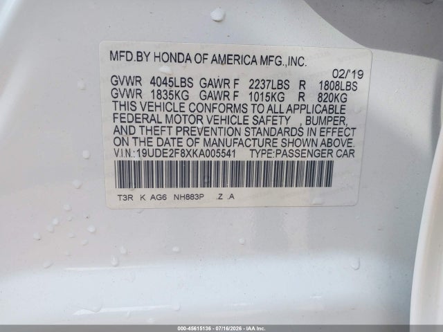 45615136 :رقم المزاد ، 19UDE2F8XKA005541 vin ، 2019 Acura Ilx Premium   A-spec Packages/technology   A-spec Packages مزاد بيع
