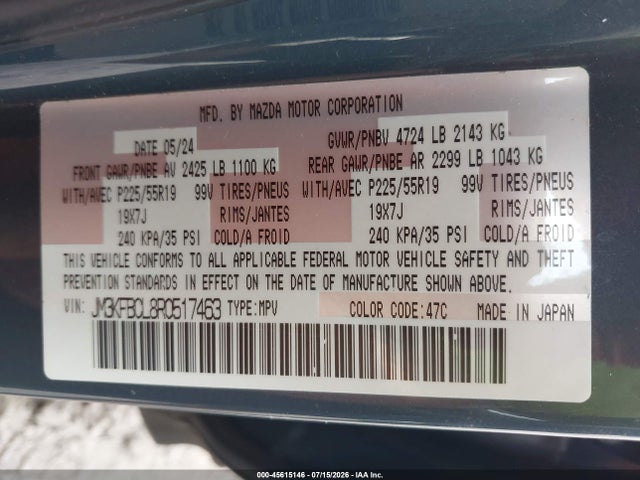 45615146 :رقم المزاد ، JM3KFBCL8R0517463 vin ، 2024 Mazda Cx-5 2.5 S Carbon Edition مزاد بيع