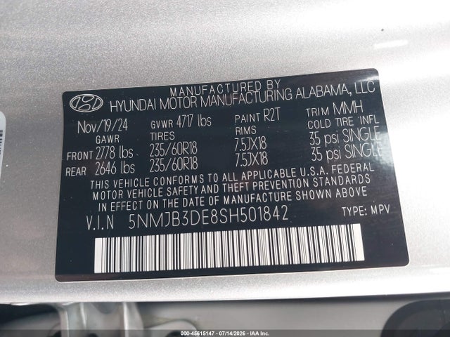 Продаж на аукціоні авто 2025 Hyundai Tucson Sel, vin: 5NMJB3DE8SH501842, номер лоту: 45615147