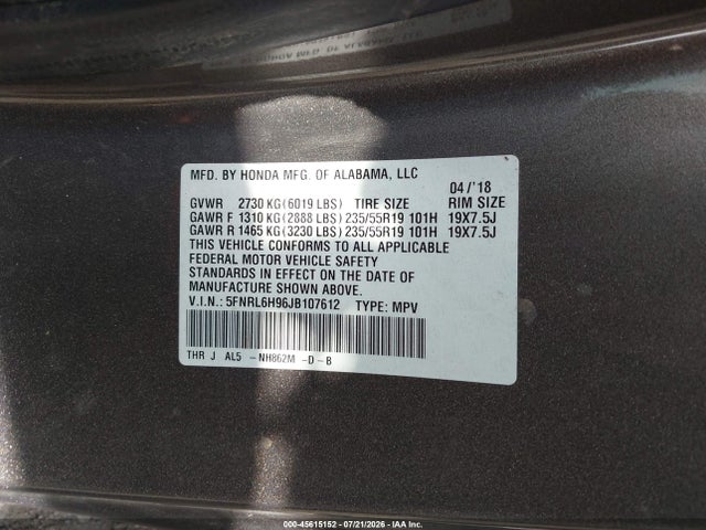 Aukcja sprzedaży 2018 Honda Odyssey Elite, vin: 5FNRL6H96JB107612, numer aukcji: 45615152