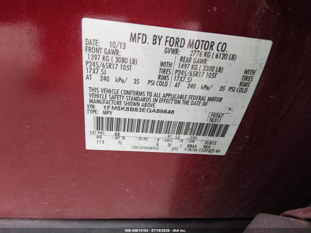 45615163 :رقم المزاد ، 1FM5K8B83EGA89848 vin ، 2014 Ford Explorer مزاد بيع