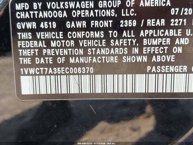 2014 Volkswagen Passat 1.8t Sel Premium მანქანა იყიდება აუქციონზე, vin: 1VWCT7A35EC006370, აუქციონის ნომერი: 45615210