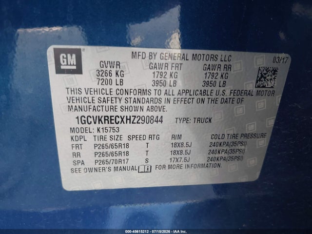 Aukcja sprzedaży 2017 Chevrolet Silverado 1500 2lt, vin: 1GCVKRECXHZ290844, numer aukcji: 45615212