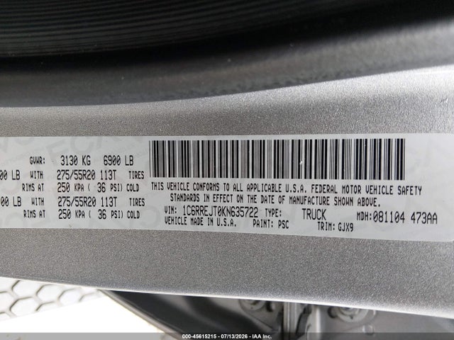 Продаж на аукціоні авто 2019 Ram 1500 Laramie  4x2 5'7 Box, vin: 1C6RREJT0KN635722, номер лоту: 45615215