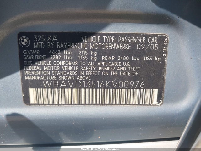 Продажа на аукционе авто 2006 Bmw 325xi, vin: WBAVD13516KV00976, номер лота: 45615216