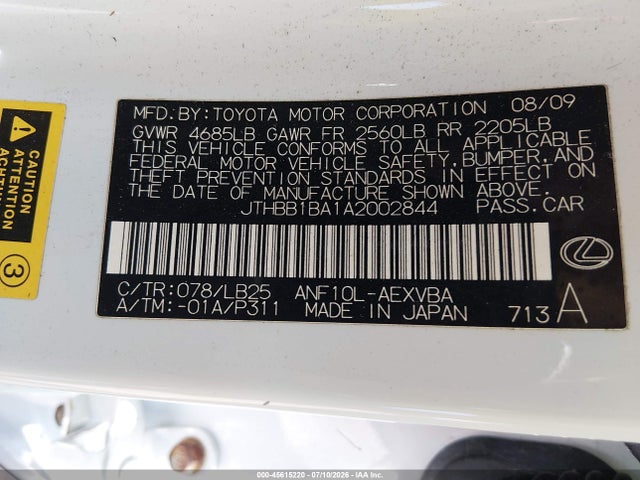 45615220 :رقم المزاد ، JTHBB1BA1A2002844 vin ، 2010 Lexus Hs 250h Premium مزاد بيع