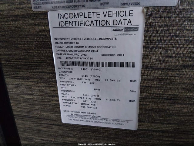 Продажа на аукционе авто 2015 Freightliner Chassis Xc, vin: 4UZAB2DT2FCGW3736, номер лота: 45615239