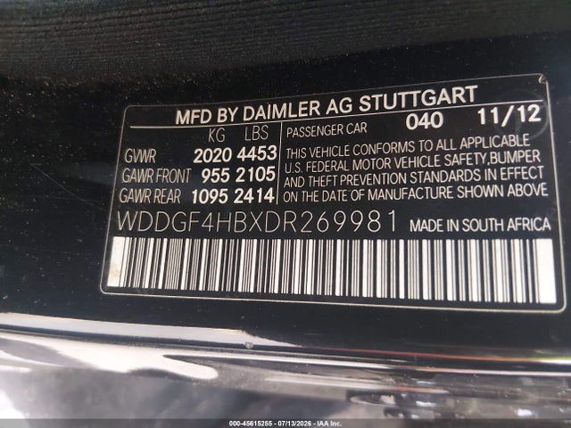 45615255 :رقم المزاد ، WDDGF4HBXDR269981 vin ، 2013 Mercedes-benz C 250 Sport مزاد بيع
