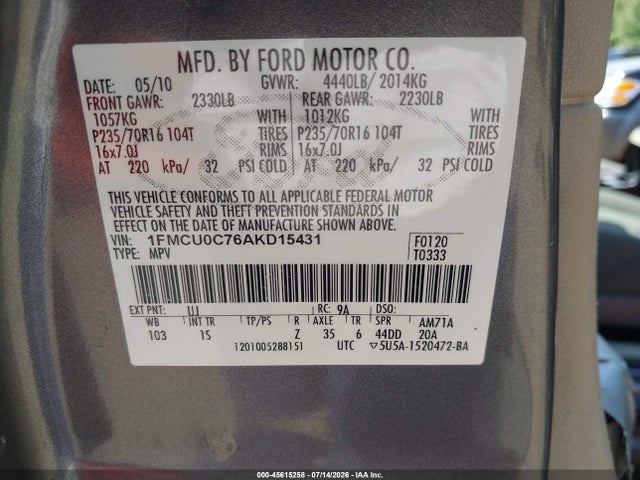2010 Ford Escape Xls მანქანა იყიდება აუქციონზე, vin: 1FMCU0C76AKD15431, აუქციონის ნომერი: 45615258