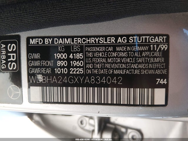 45615286 :رقم المزاد ، WDBHA24GXYA834042 vin ، 2000 Mercedes-benz C 230 Kompressor مزاد بيع