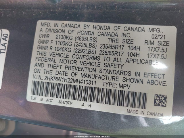 2HKRW1H22MH410311 Honda Cr-v 2wd Lx