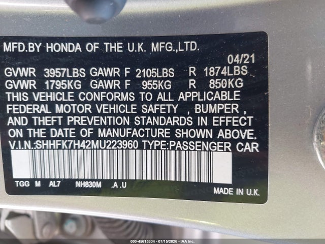 Aukcja sprzedaży 2021 Honda Civic Sport, vin: SHHFK7H42MU223960, numer aukcji: 45615304