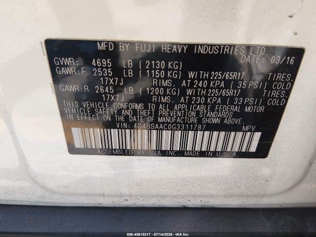 45615317 :رقم المزاد ، 4S4BSAAC0G3311787 vin ، 2016 Subaru Outback 2.5i مزاد بيع