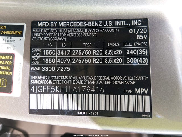 2020 Mercedes-benz Gls 450 4matic მანქანა იყიდება აუქციონზე, vin: 4JGFF5KE1LA179416, აუქციონის ნომერი: 45615337