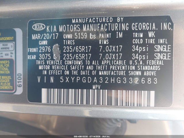 KIA Sorento 2.4l Lx 2017 5XYPGDA32HG332683 Image 9