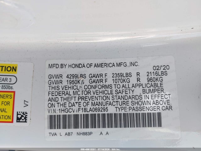 45615351 :رقم المزاد ، 1HGCV1F18LA069295 vin ، 2020 Honda Accord Lx مزاد بيع