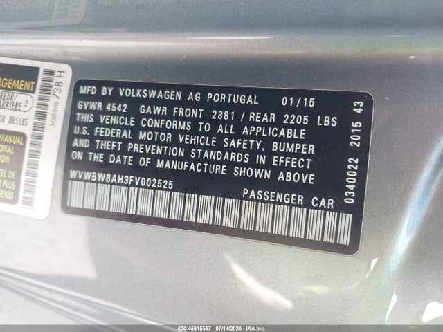 Продажа на аукционе авто 2015 Volkswagen Eos Komfort Edition, vin: WVWBW8AH3FV002525, номер лота: 45615357