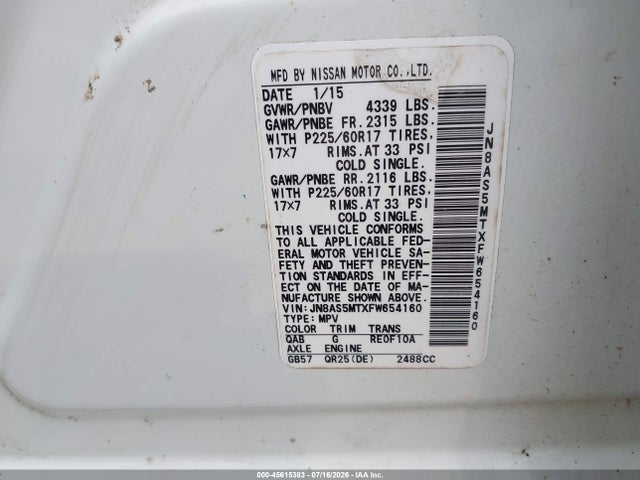 45615383 :رقم المزاد ، JN8AS5MTXFW654160 vin ، 2015 Nissan Rogue Select S مزاد بيع