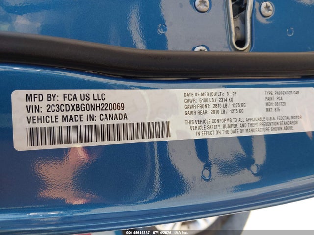 Продажа на аукционе авто 2022 Dodge Charger Sxt Rwd, vin: 2C3CDXBG0NH220069, номер лота: 45615387