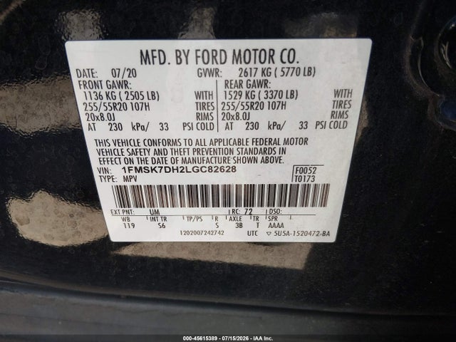 Ford EXPLORER XLT 2020 1FMSK7DH2LGC82628 Image 9