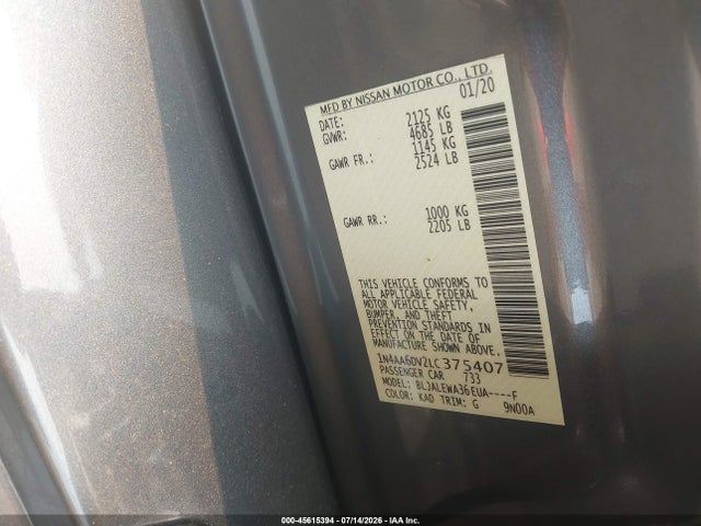 2020 Nissan Maxima Sl Xtronic Cvt მანქანა იყიდება აუქციონზე, vin: 1N4AA6DV2LC375407, აუქციონის ნომერი: 45615394