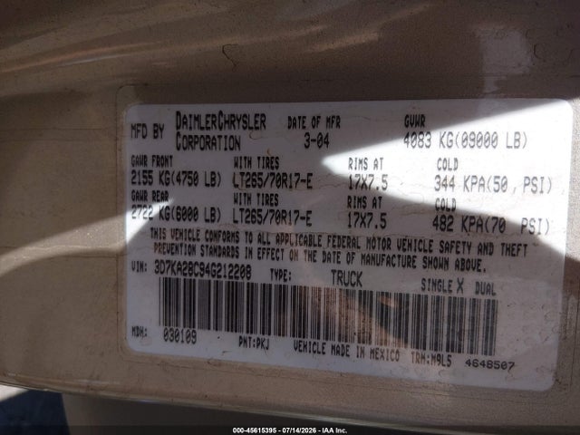 Продаж на аукціоні авто 2004 Dodge Ram 2500 Slt/laramie, vin: 3D7KA28C94G212208, номер лоту: 45615395