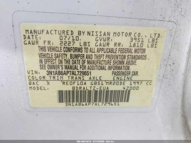 Продаж на аукціоні авто 2010 Nissan Sentra 2.0s, vin: 3N1AB6AP7AL729651, номер лоту: 45615415