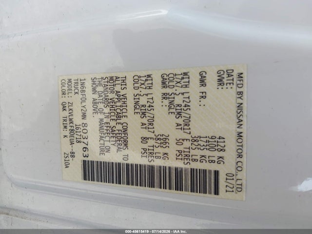 1N6BF0LY2MN803763 Nissan Nv Cargo Nv2500 Hd S High Roof V6
