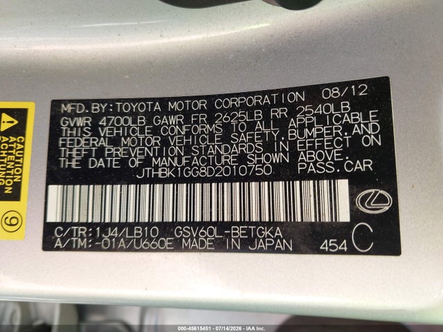 45615451 :رقم المزاد ، JTHBK1GG8D2010750 vin ، 2013 Lexus Es 350 مزاد بيع