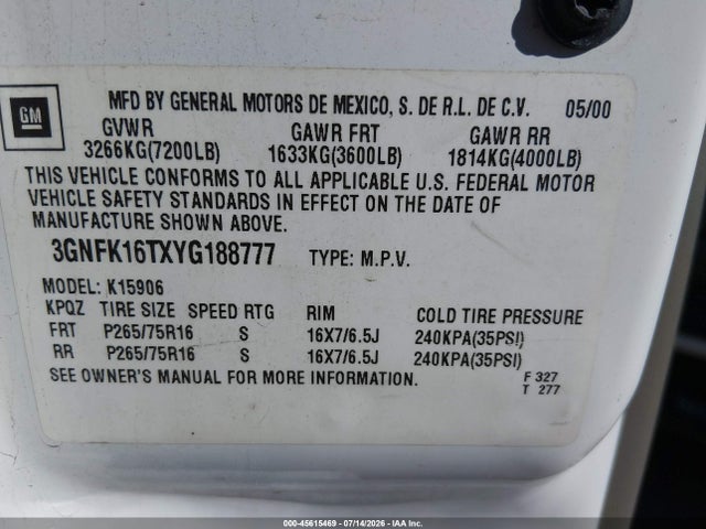 Aukcja sprzedaży 2000 Chevrolet Suburban 1500 Ls, vin: 3GNFK16TXYG188777, numer aukcji: 45615469