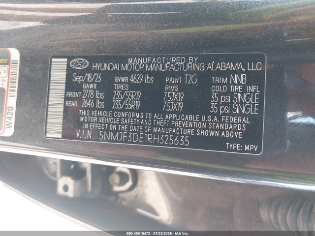 Aukcja sprzedaży 2024 Hyundai Tucson Sel, vin: 5NMJF3DE1RH325635, numer aukcji: 45615472