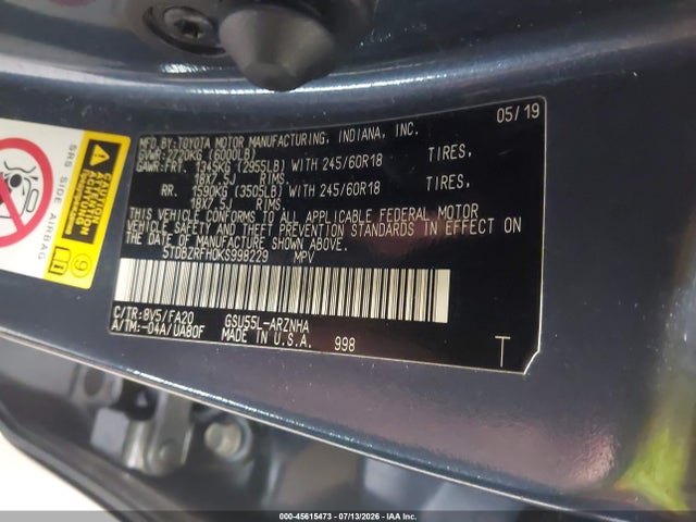 2019 Toyota Highlander Le Plus მანქანა იყიდება აუქციონზე, vin: 5TDBZRFH0KS998229, აუქციონის ნომერი: 45615473