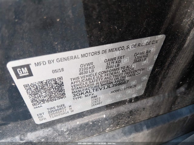 45615481 :رقم المزاد ، 3GKALTEV1JL398667 vin ، 2018 Gmc Terrain Sle مزاد بيع