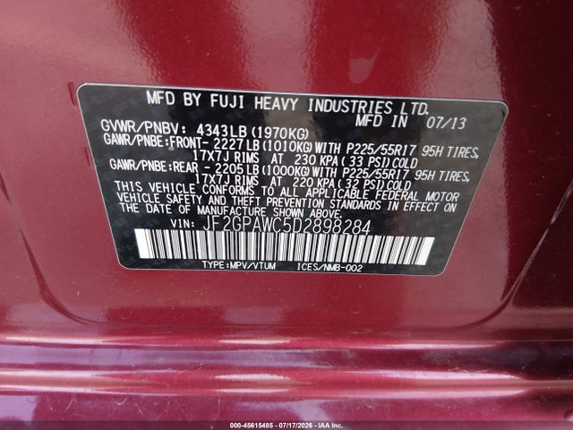 45615485 :رقم المزاد ، JF2GPAWC5D2898284 vin ، 2013 Subaru Xv Crosstrek 2.0i Premium مزاد بيع