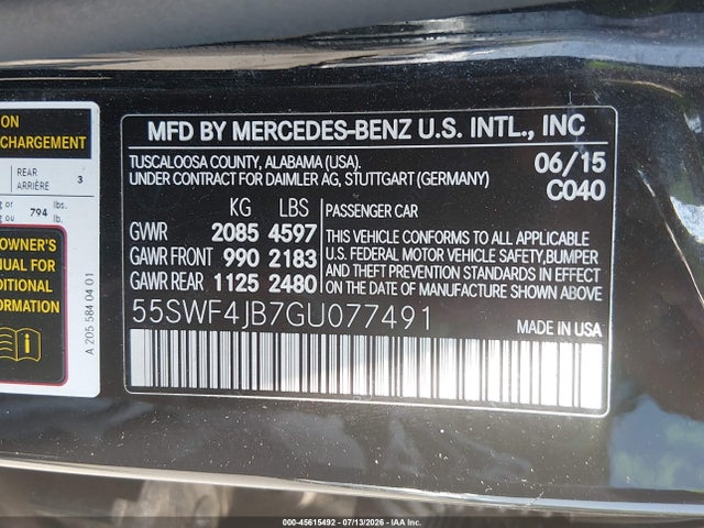 Aukcja sprzedaży 2016 Mercedes-benz C 300, vin: 55SWF4JB7GU077491, numer aukcji: 45615492