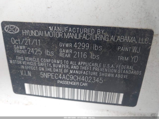 Продаж на аукціоні авто 2012 Hyundai Sonata Limited, vin: 5NPEC4AC9CH402345, номер лоту: 45615495