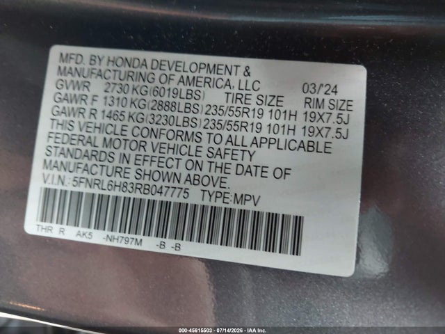Продажа на аукционе авто 2024 Honda Odyssey Touring, vin: 5FNRL6H83RB047775, номер лота: 45615503