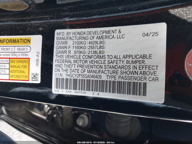 2025 Honda Accord Hybrid Sport მანქანა იყიდება აუქციონზე, vin: 1HGCY2F55SA046409, აუქციონის ნომერი: 45615516