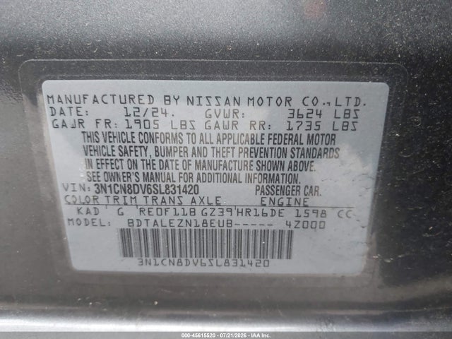 Продаж на аукціоні авто 2025 Nissan Versa 1.6 S, vin: 3N1CN8DV6SL831420, номер лоту: 45615520